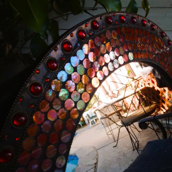 Stunning Round Red/Orange Glass Domes/Dots Mosaic Inlay Handcrafted Wall Mirror - Picture 14 of 16